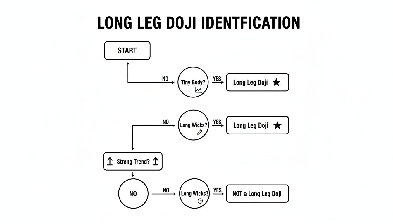 Flowchart illustrating the identification process for a Long Leg Doji candlestick pattern based on body size, wick length, and trend.