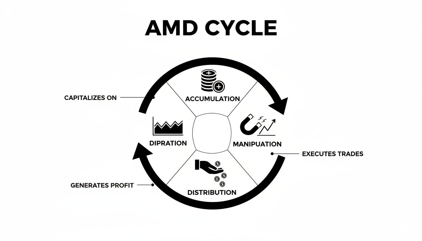 A diagram illustrates the AMD Cycle, detailing phases of Accumulation, Manipulation, Distribution, and Dipration with connecting arrows.