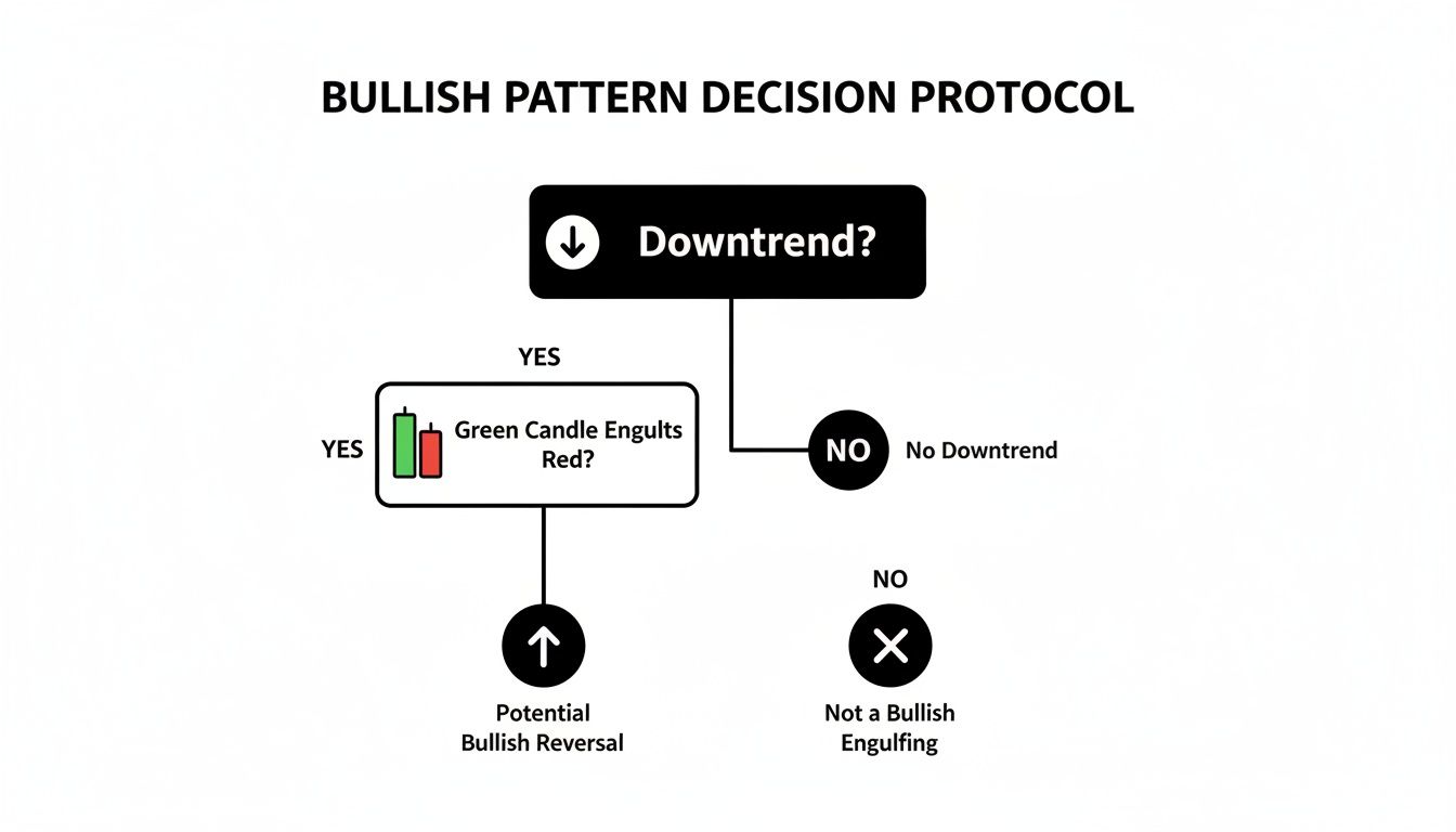 Flowchart for identifying a bullish engulfing candlestick pattern, starting with a downtrend.