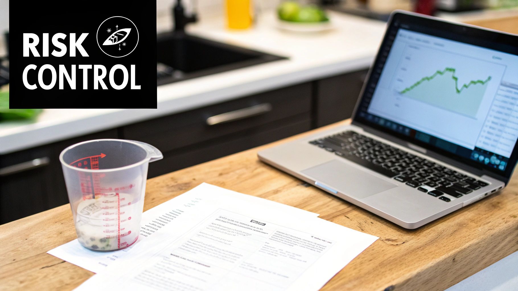 Risk Control logo above a desk with a laptop displaying a graph, a measuring cup, and documents.