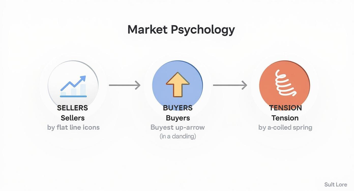 Diagram illustrating market psychology, showing sellers, buyers, and resulting market tension.