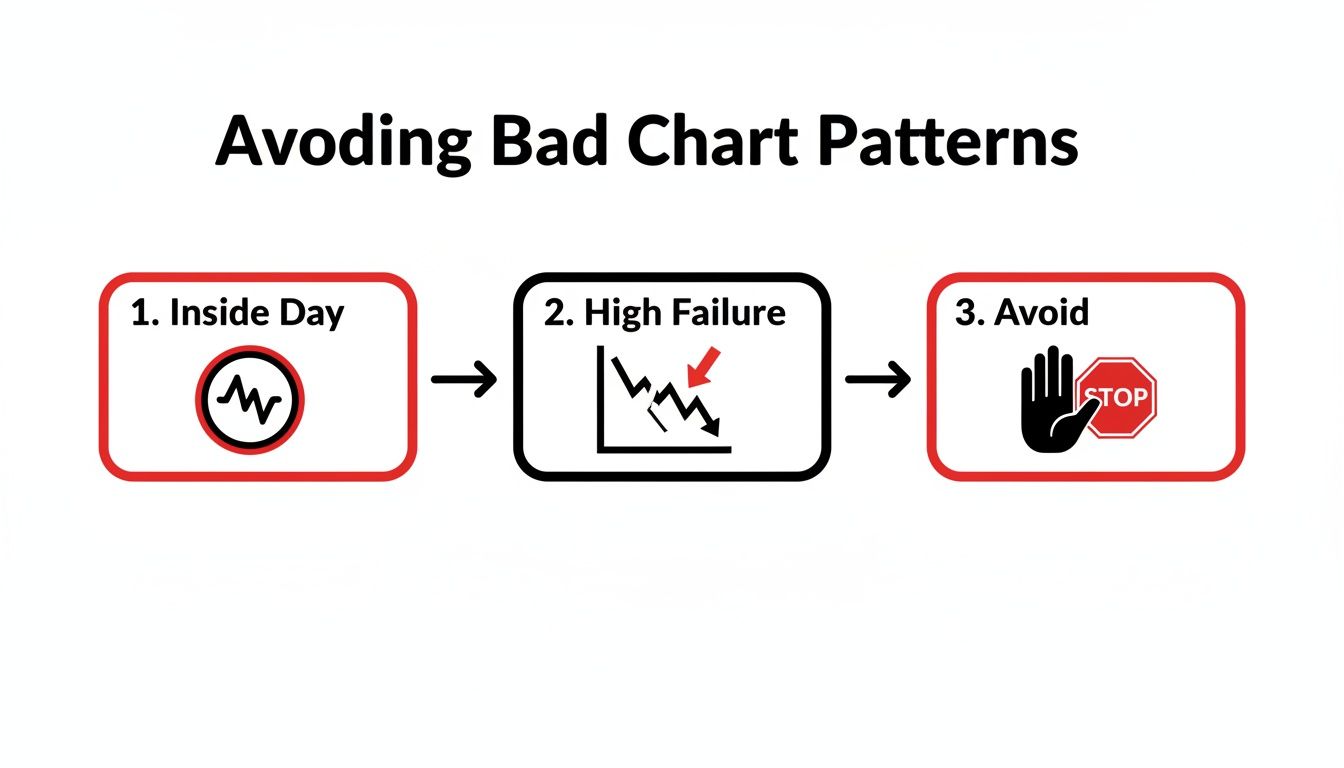 Flowchart illustrating how to avoid bad chart patterns including Inside Day and High Failure scenarios.