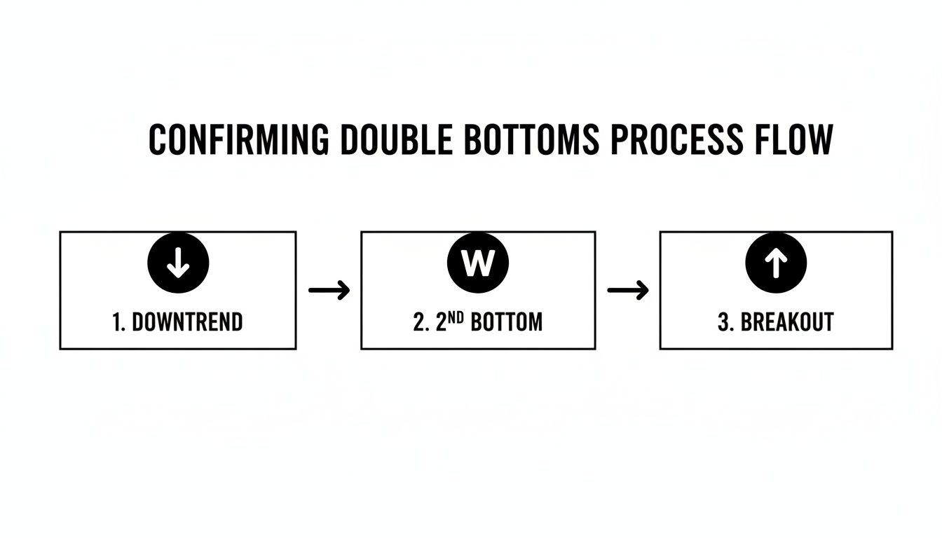 A process flow diagram showing three steps for confirming double bottoms: downtrend, second bottom, and breakout.