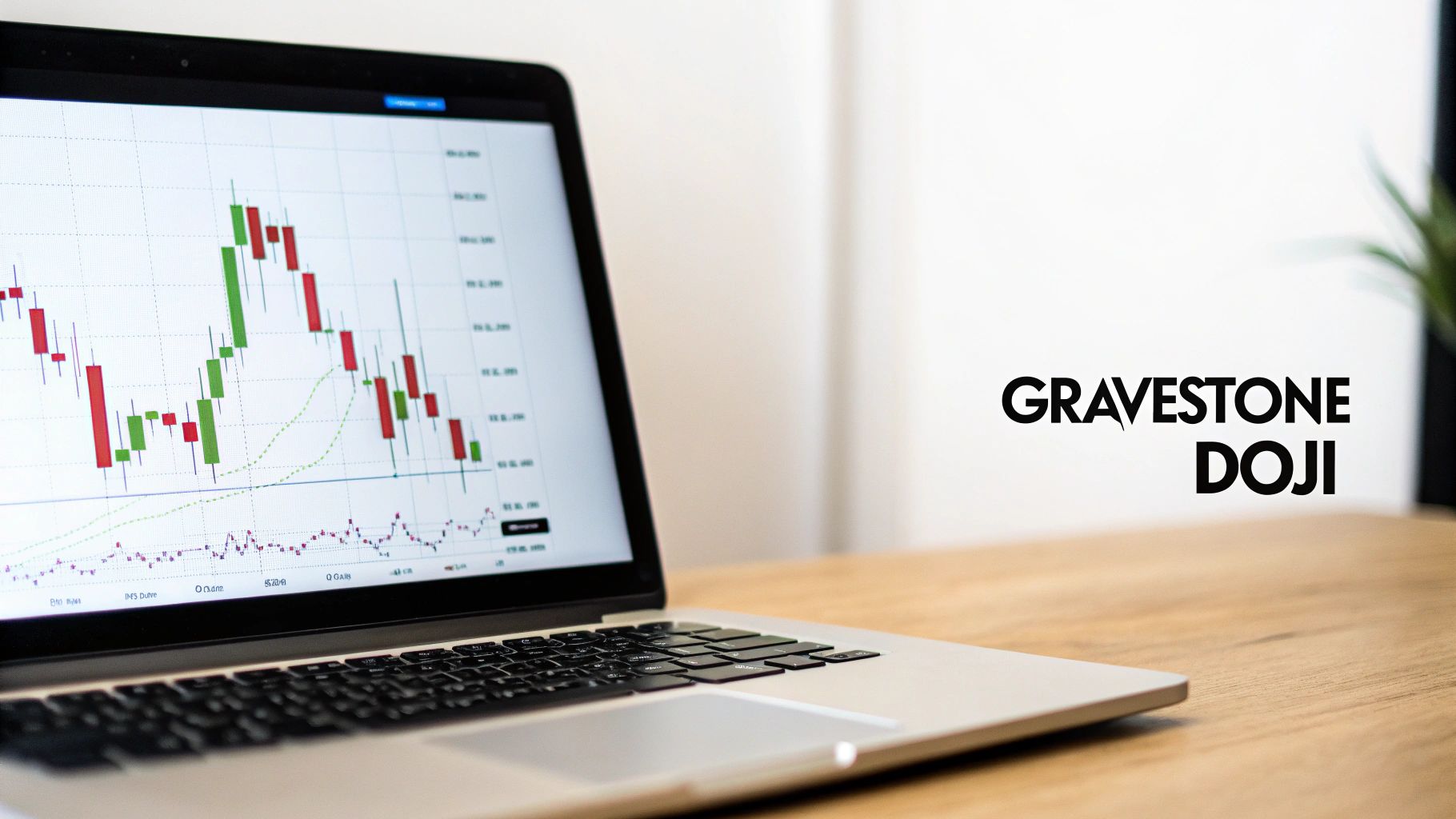 Laptop screen displaying a financial candlestick chart next to 'GRAVESTONE DOJI' text.