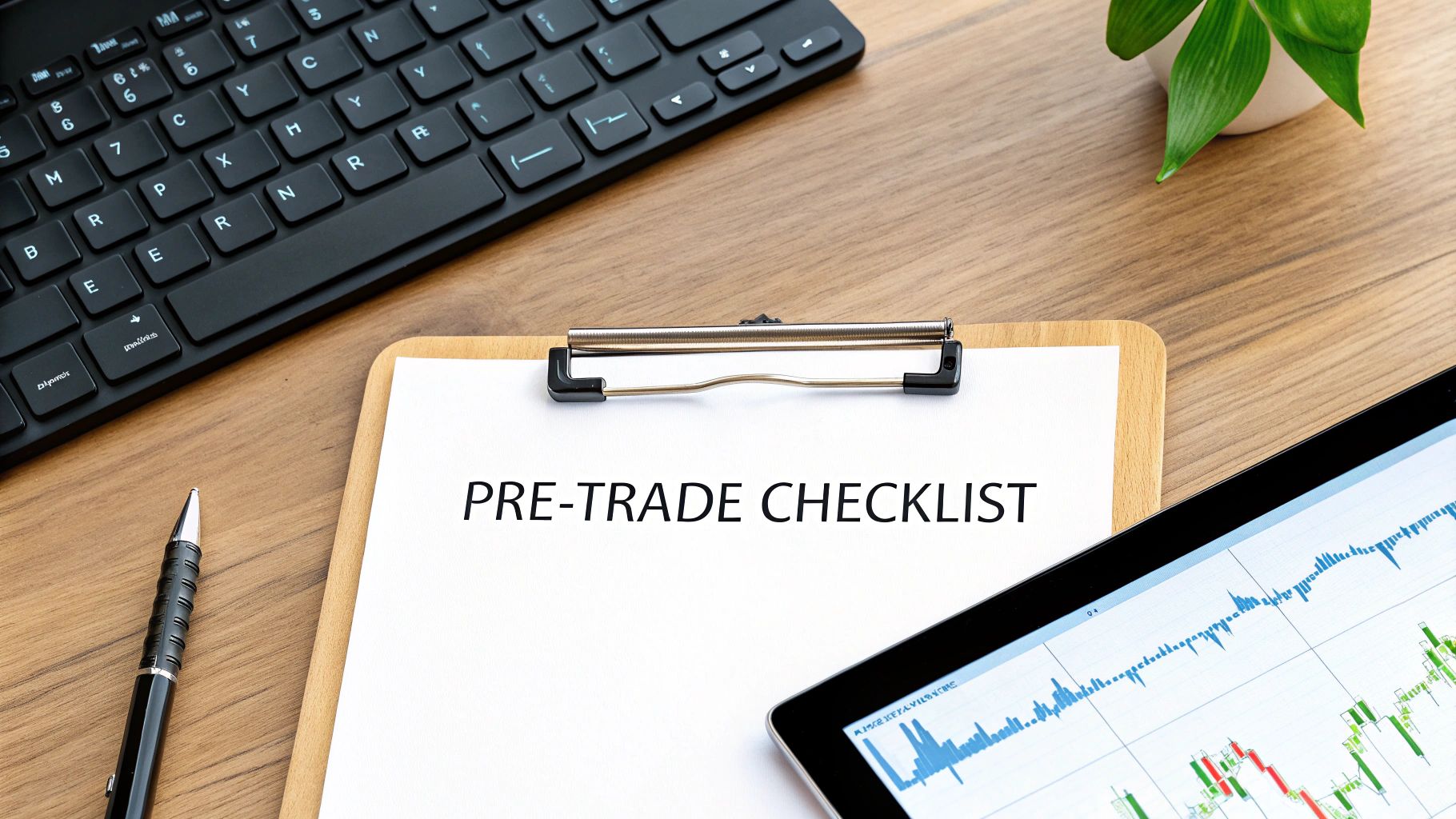 A desk with a pre-trade checklist, keyboard, pen, and tablet displaying a financial chart.