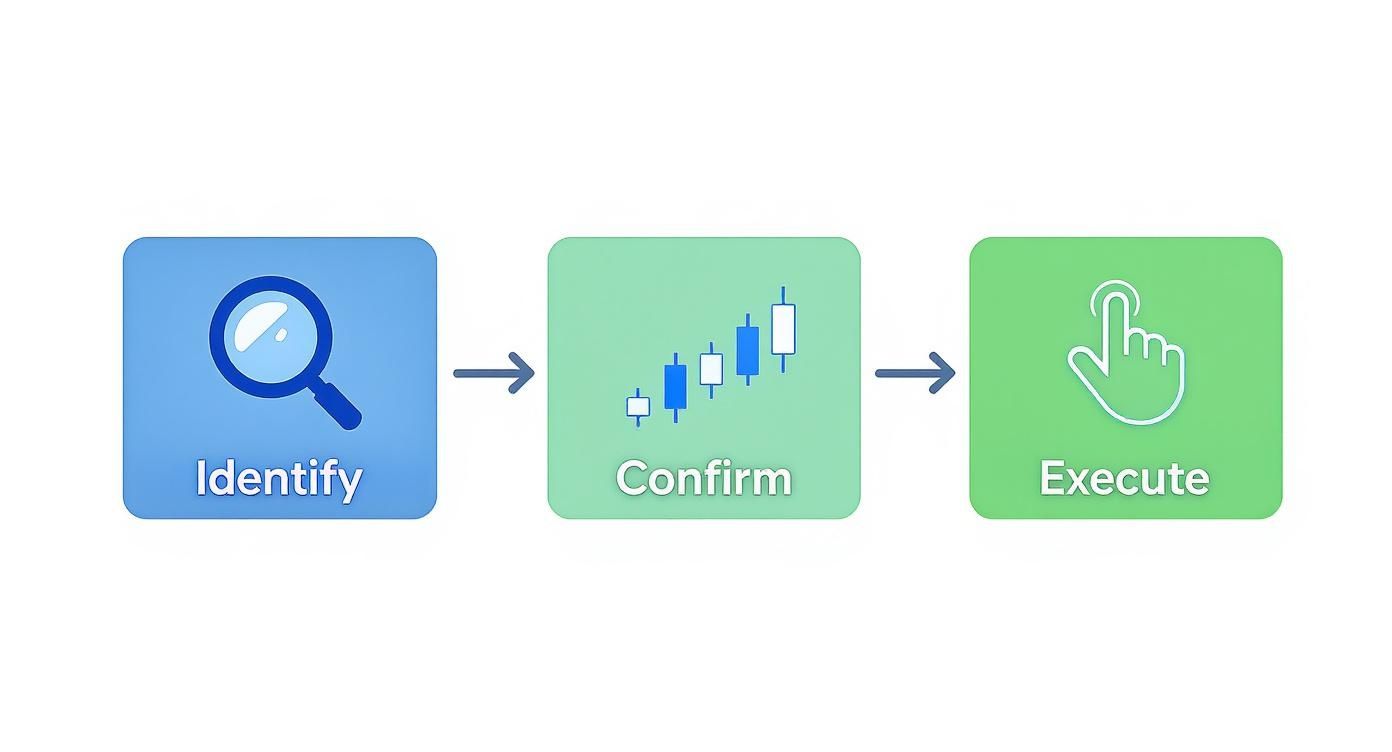 A three-step process: Identify (magnifying glass), Confirm (candlestick chart), and Execute (hand pointer).