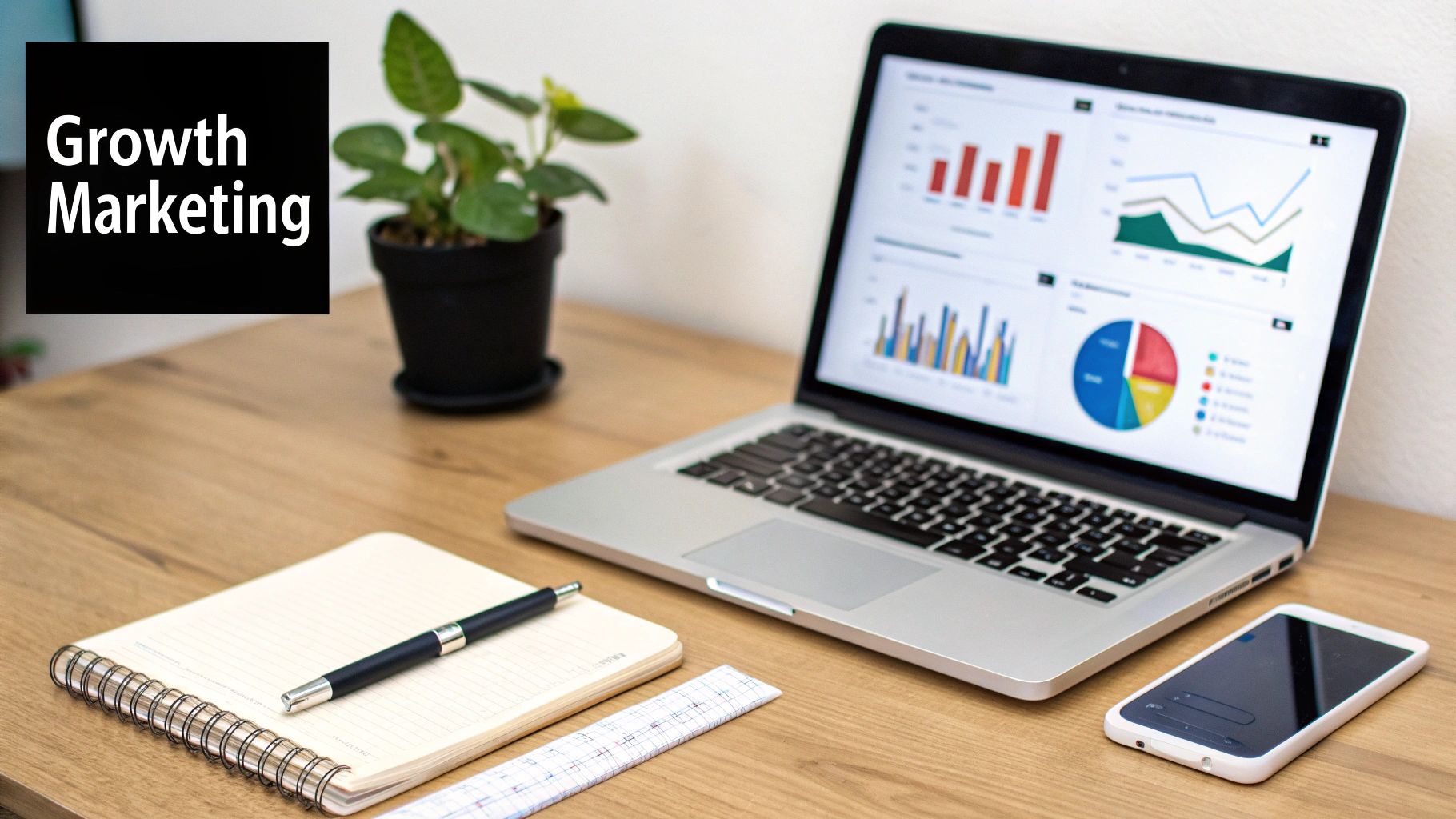 A desk with a laptop displaying growth marketing data, a notebook, pen, smartphone, and plant.