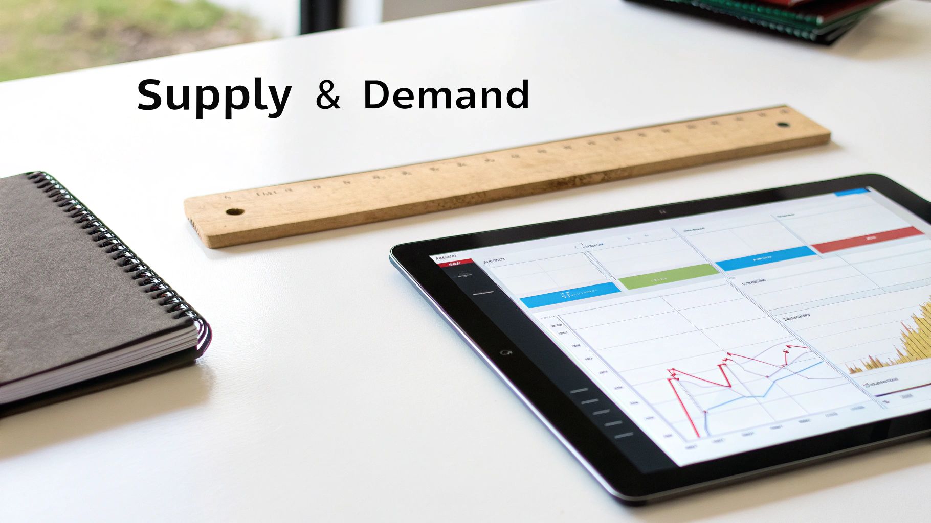 A white desk with a notebook, ruler, and tablet displaying financial graphs and data, overlaid with 'Supply & Demand' text.