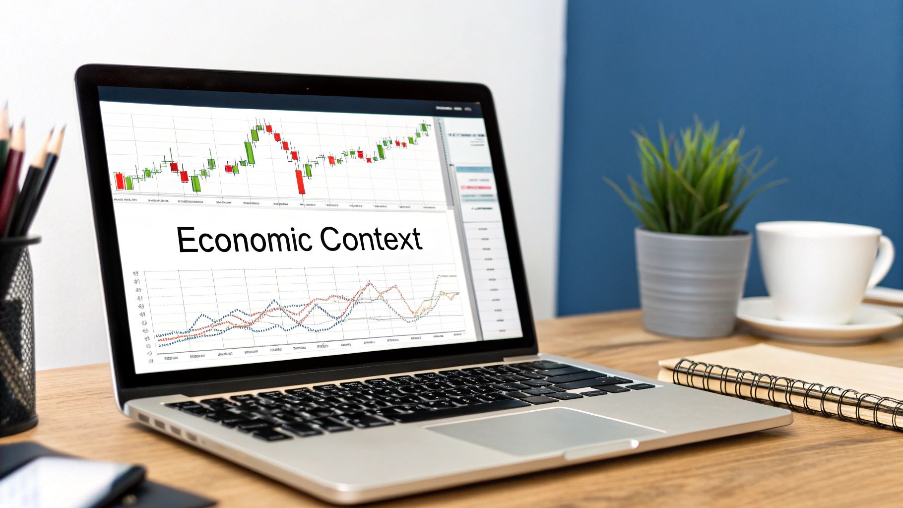 A person analyzing economic data charts on a screen.