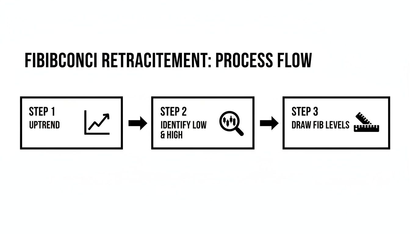 A step-by-step process flow showing how to draw Fibonacci retracement levels in trading.