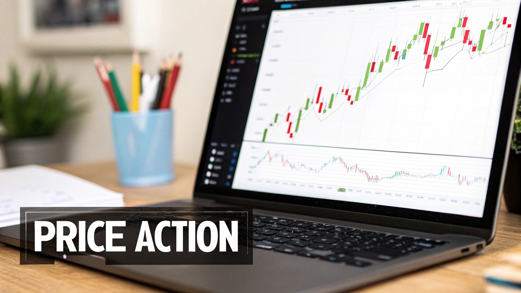 A laptop displays a stock candlestick chart showing price action on a wooden desk, with office supplies.