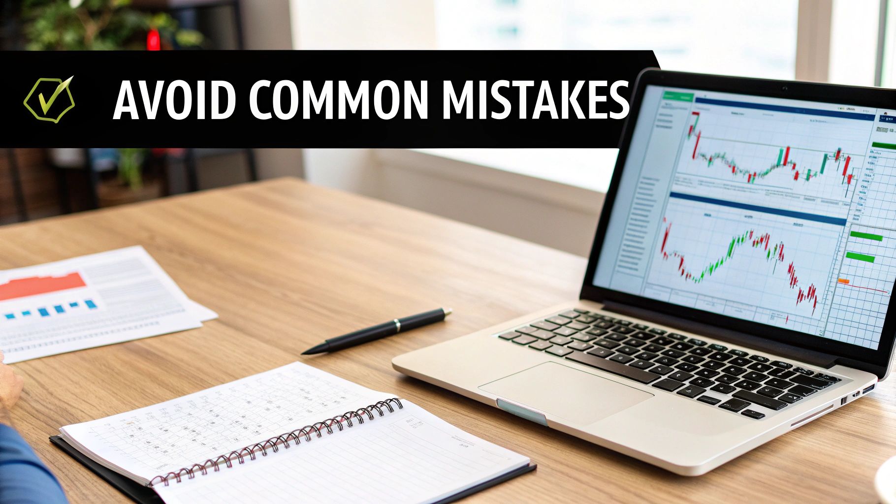 A laptop displaying financial charts on a wooden desk with a notebook and documents, emphasizing avoiding mistakes.