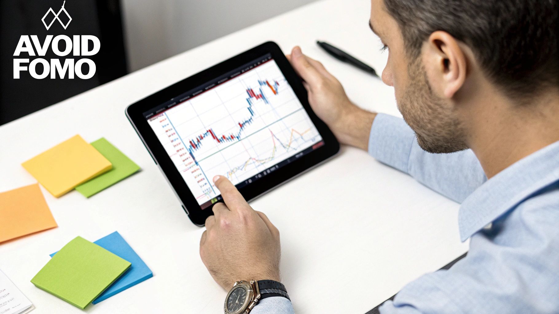 A man intently studies stock market charts on a tablet, with colorful sticky notes on the desk.