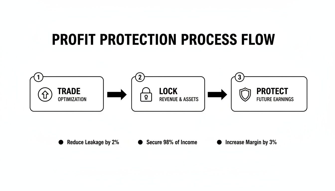 Diagram illustrating a three-step profit protection process flow: trade optimization, locking assets, and protecting earnings.