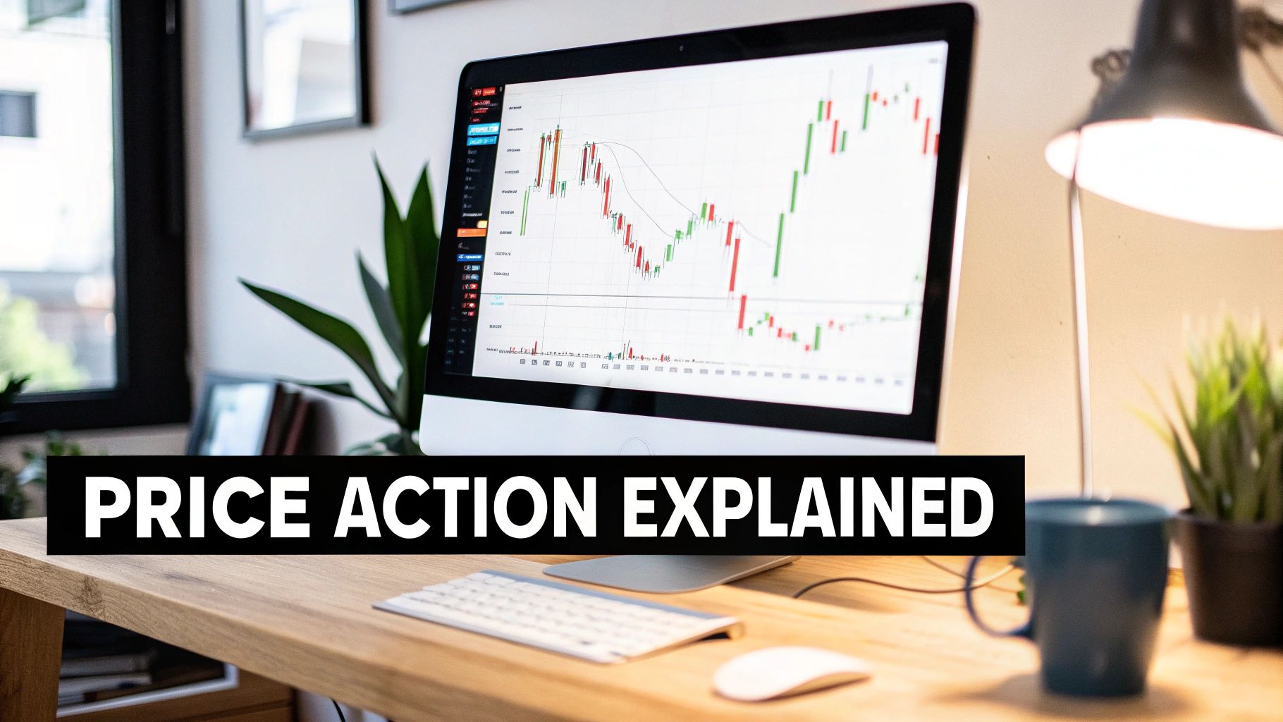 A computer monitor displays a stock trading chart with candlesticks, illustrating price action concepts.