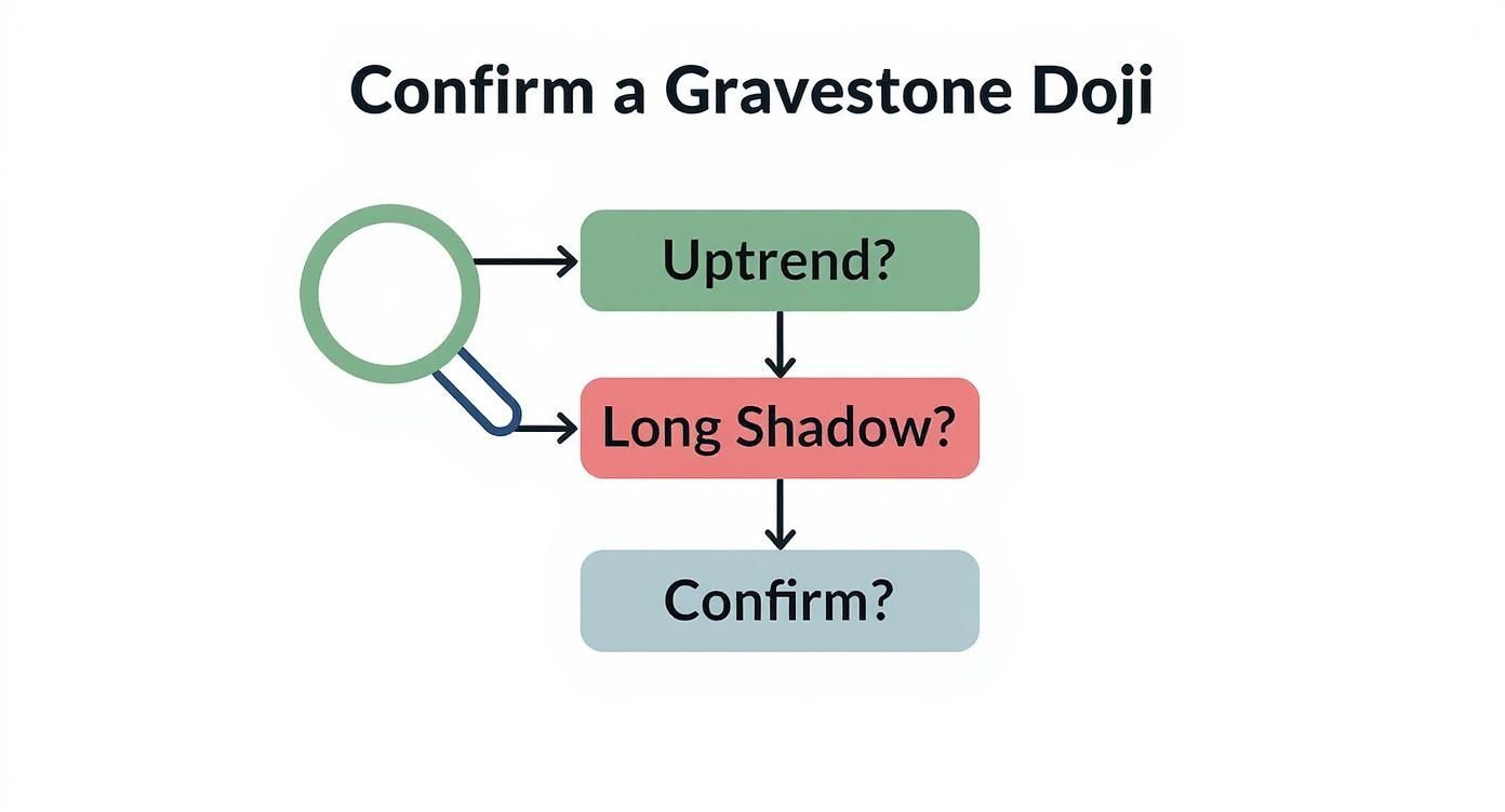 Flowchart showing gravestone doji confirmation process with uptrend, long shadow, and confirm decision steps