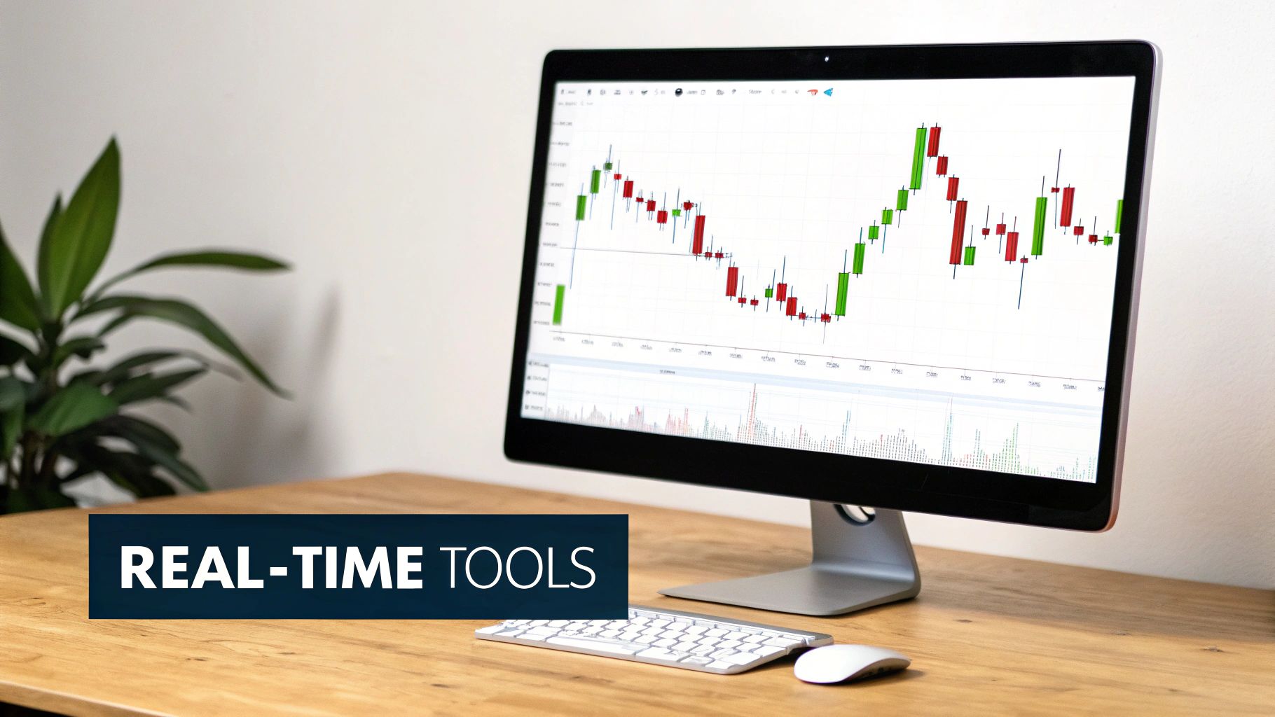 Real-time trading tools displaying candlestick charts and market data on computer monitor with volume indicators