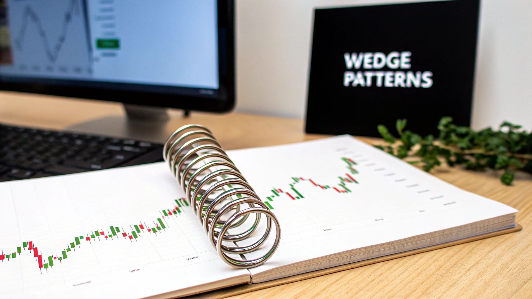 A financial trading desk with candlestick charts, a monitor, and a 'WEDGE PATTERNS' sign.