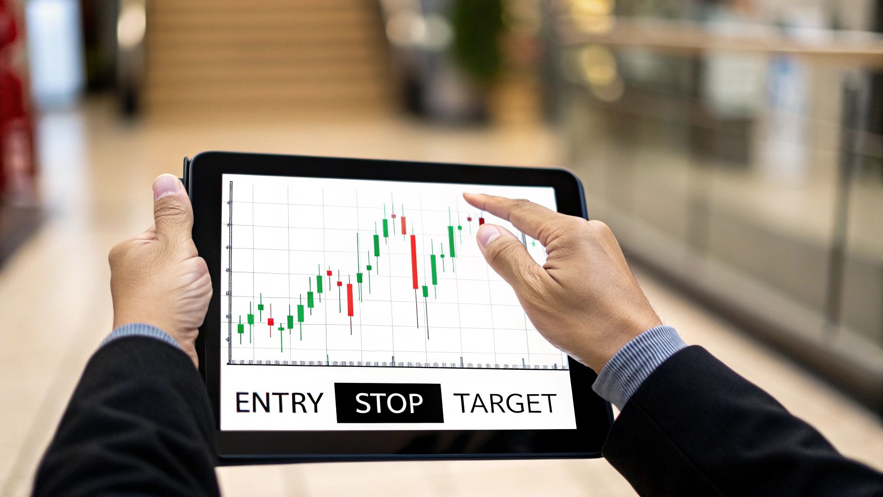 Hands hold a tablet displaying a stock market candlestick chart with 'Entry', 'Stop', 'Target' options.