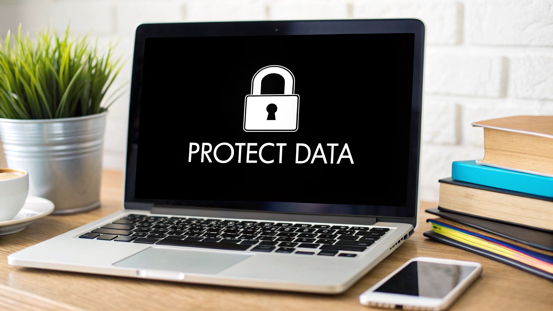 Laptop displaying padlock icon and protect data text on screen in modern workspace