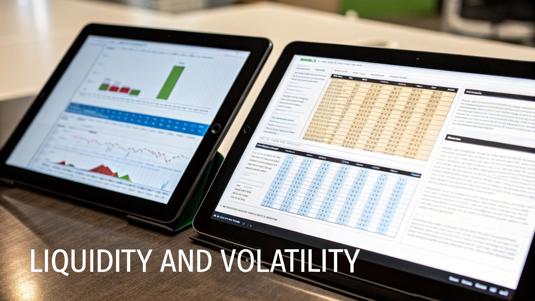 Two tablets display financial charts, graphs, and market data, highlighting liquidity and volatility.