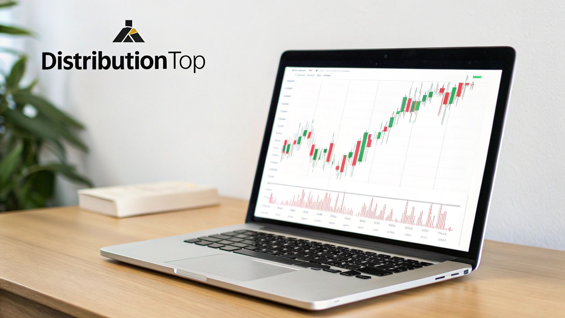 A silver laptop on a wooden desk displaying a stock market candlestick chart.