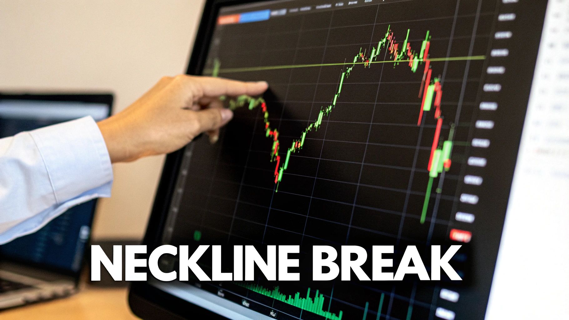 A hand pointing at a stock market chart on a monitor, showing a green neckline and candlesticks.