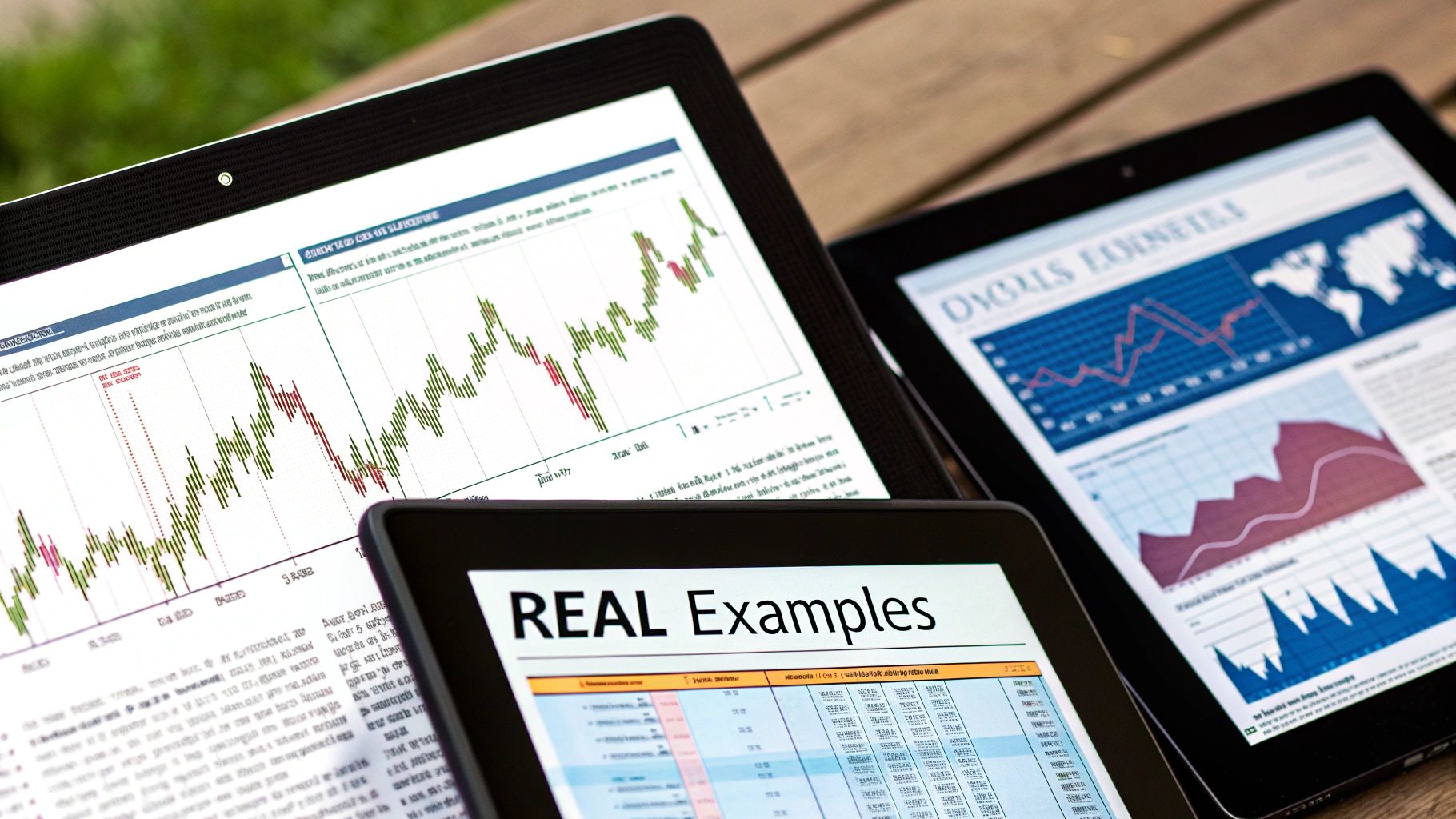 Three electronic tablets showing various financial charts, including stock market candlesticks and data spreadsheets.