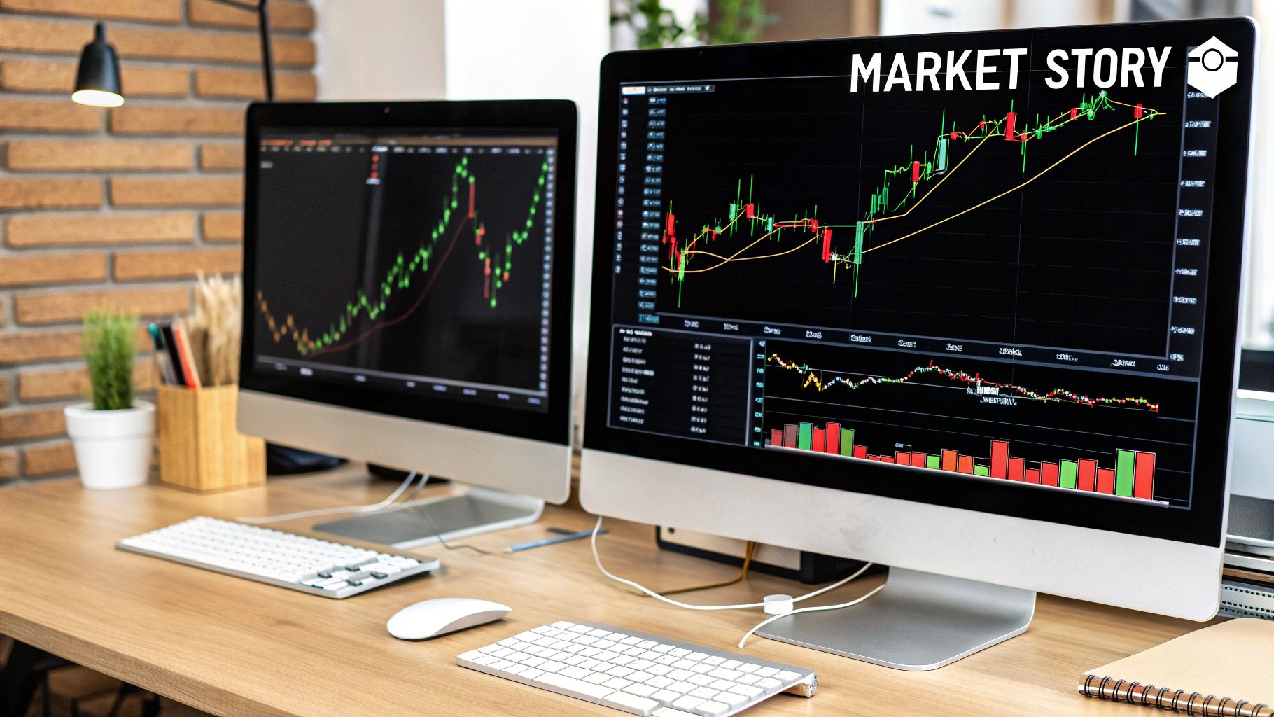 A stock chart showing price action with trend lines.
