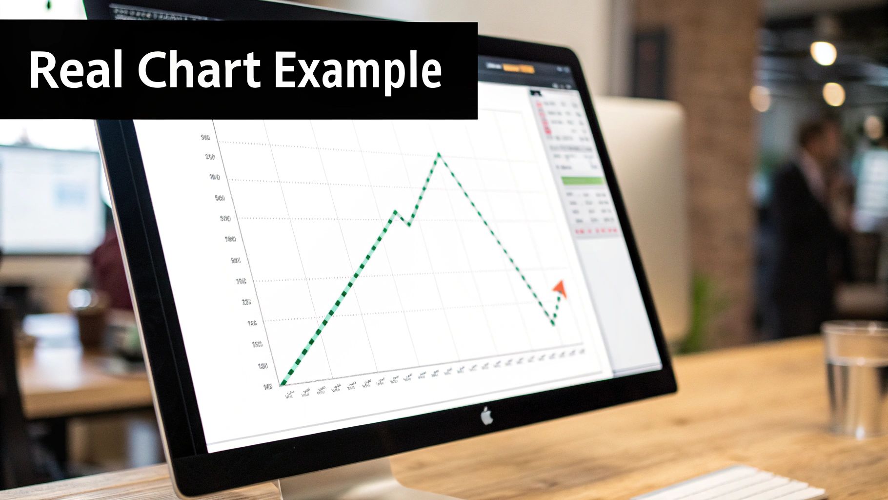 A computer monitor displays a green dotted line chart, showing data rising and falling with an upward arrow.