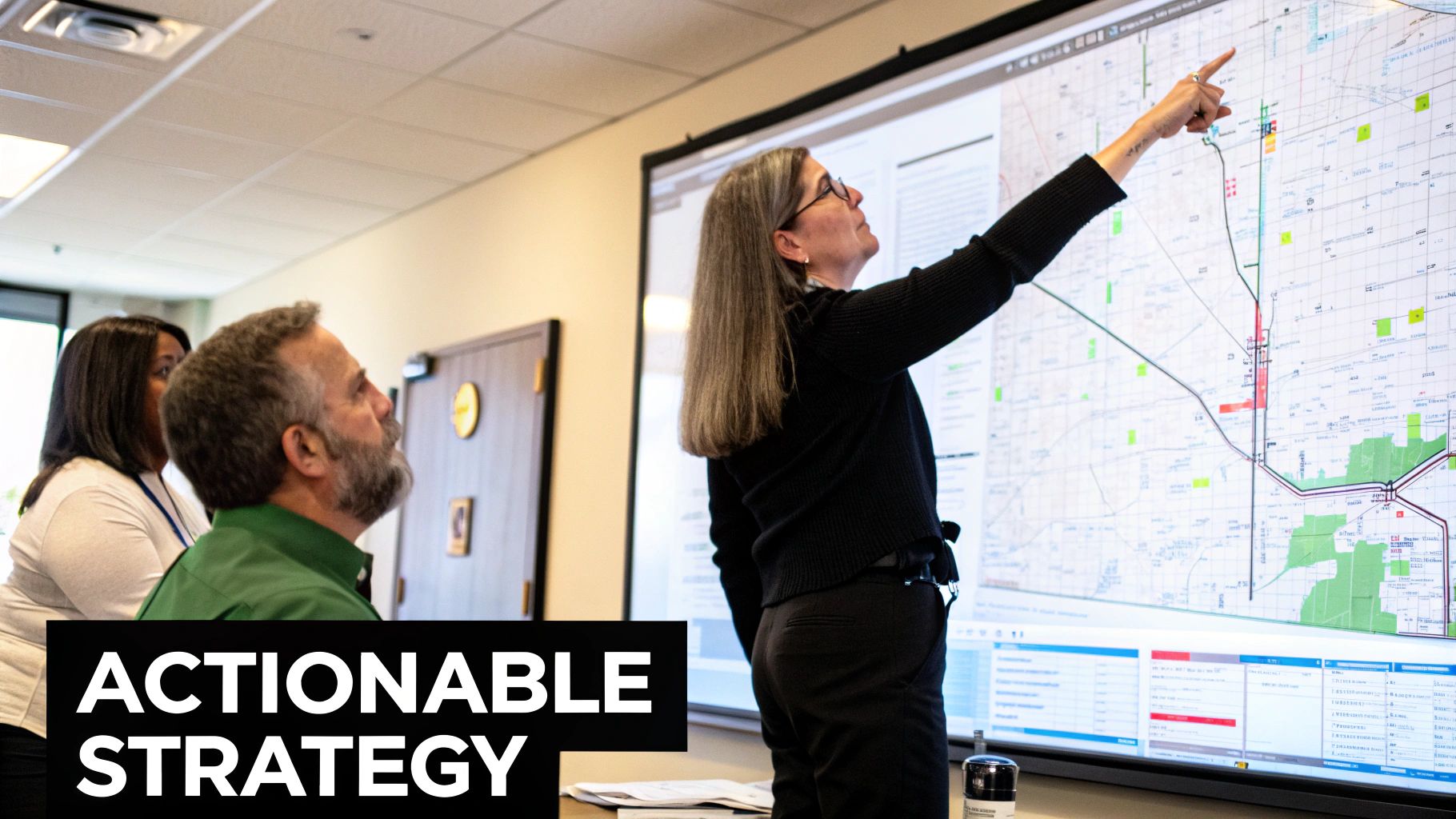 A person presenting a strategic plan on a whiteboard, connecting different data points and ideas into a coherent strategy.