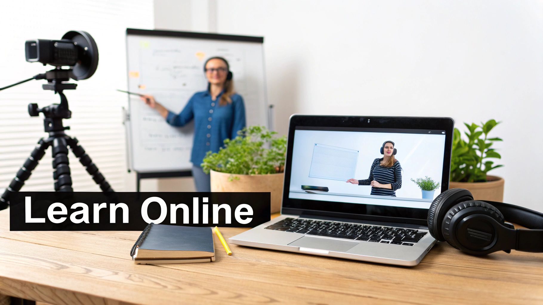 A female instructor teaches online in a studio, visible on a laptop with headphones, embodying remote education.