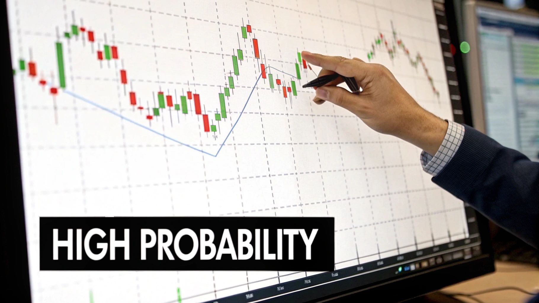 A trader's hand points at a 'HIGH PROBABILITY' stock chart with green and red candlesticks.