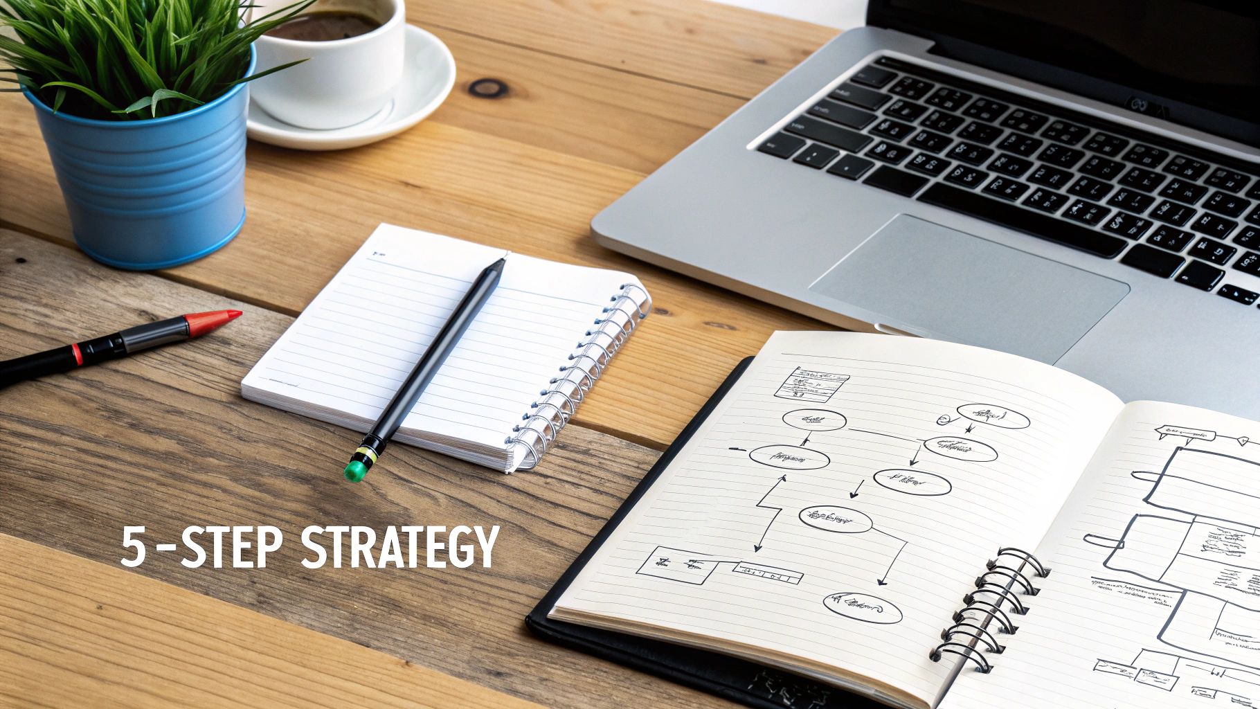 A well-organized wooden desk setup for planning, featuring a laptop, coffee, plant, and open notebooks.
