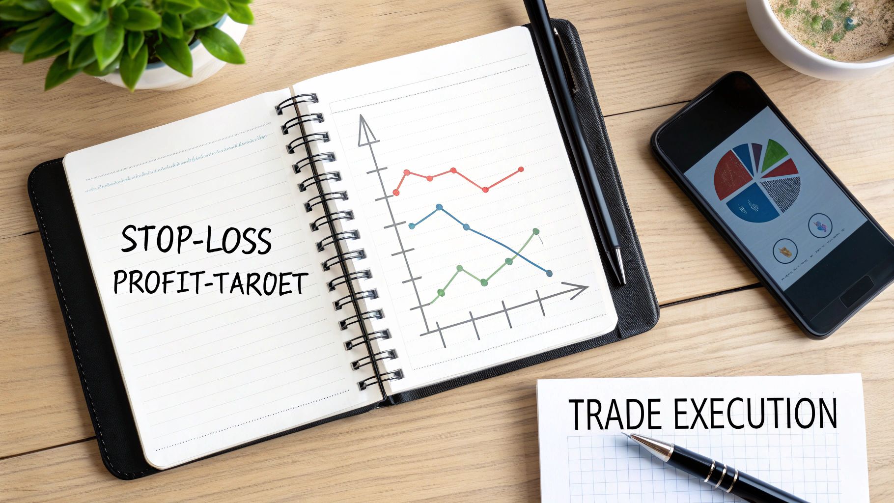 A trading desk with a notebook showing stop-loss, profit-target, a stock chart, and a phone.