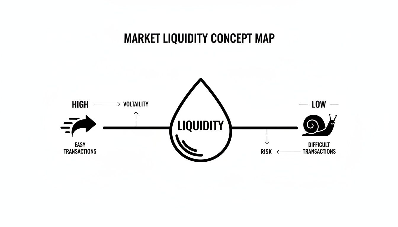 Concept map showing market liquidity. High liquidity means easy transactions, high volatility. Low liquidity means difficult transactions, high risk.