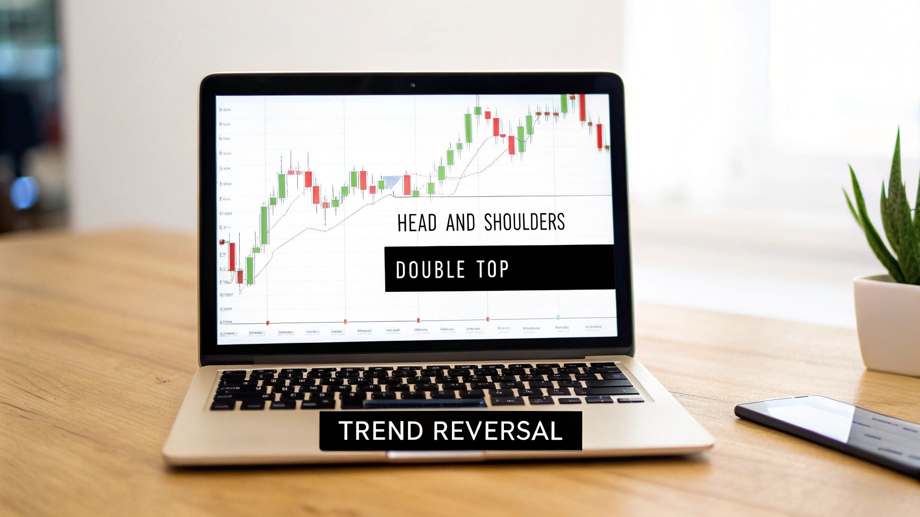 Laptop displays a financial chart with 'HEAD AND SHOULDERS', 'DOUBLE TOP', and 'TREND REVERSAL' patterns.