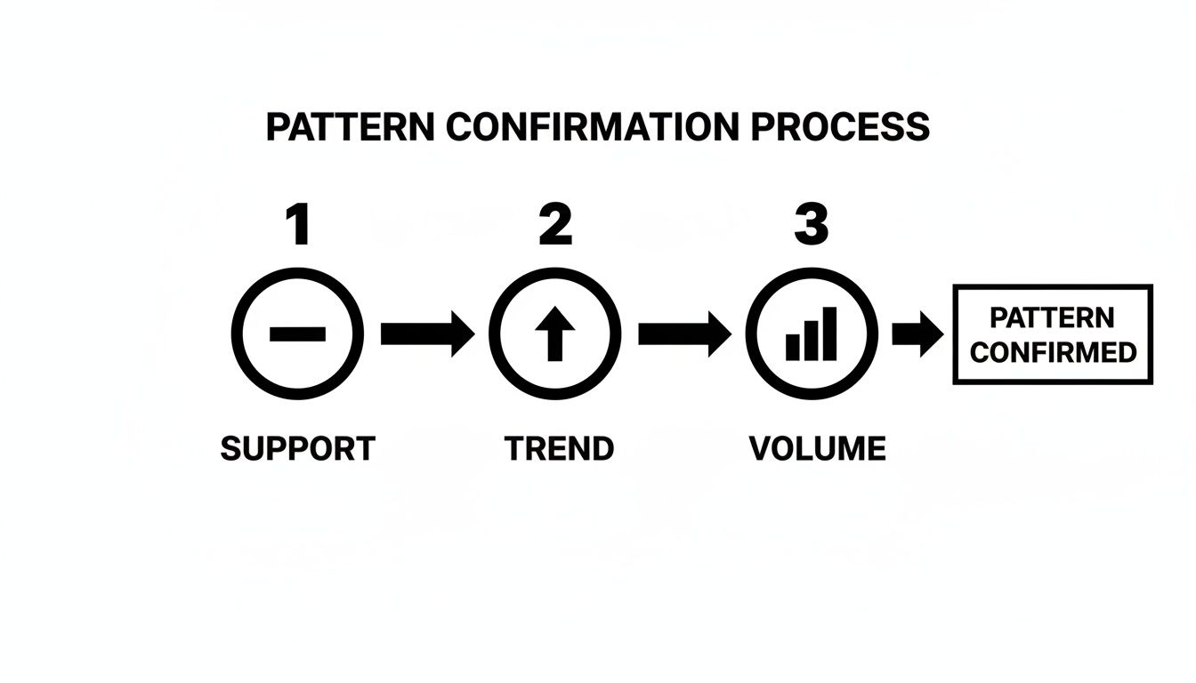 Diagram illustrating a three-step pattern confirmation process: support, trend, and volume, leading to a confirmed pattern.
