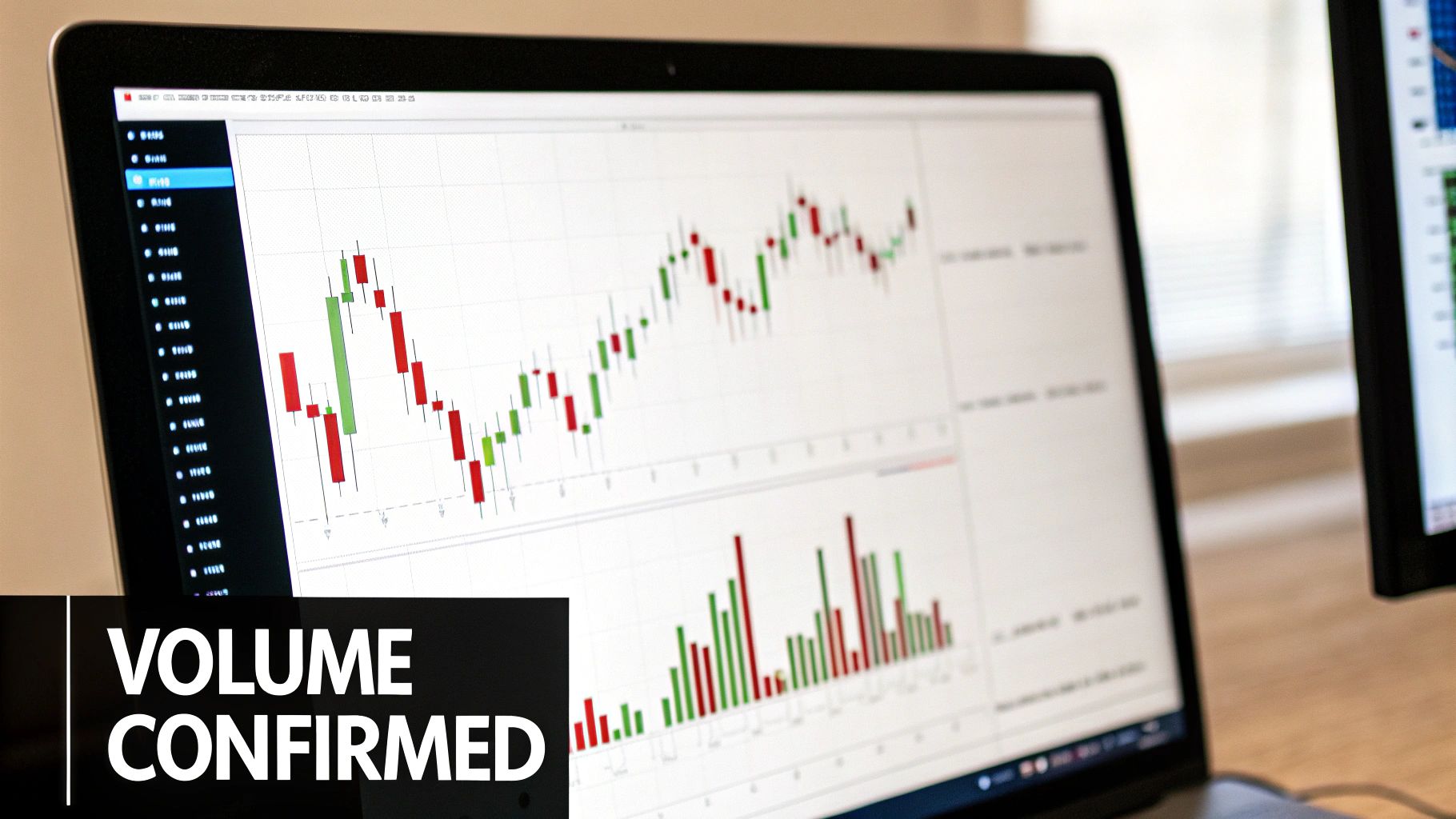 A laptop screen displays financial candlestick and volume charts, showing market analysis.