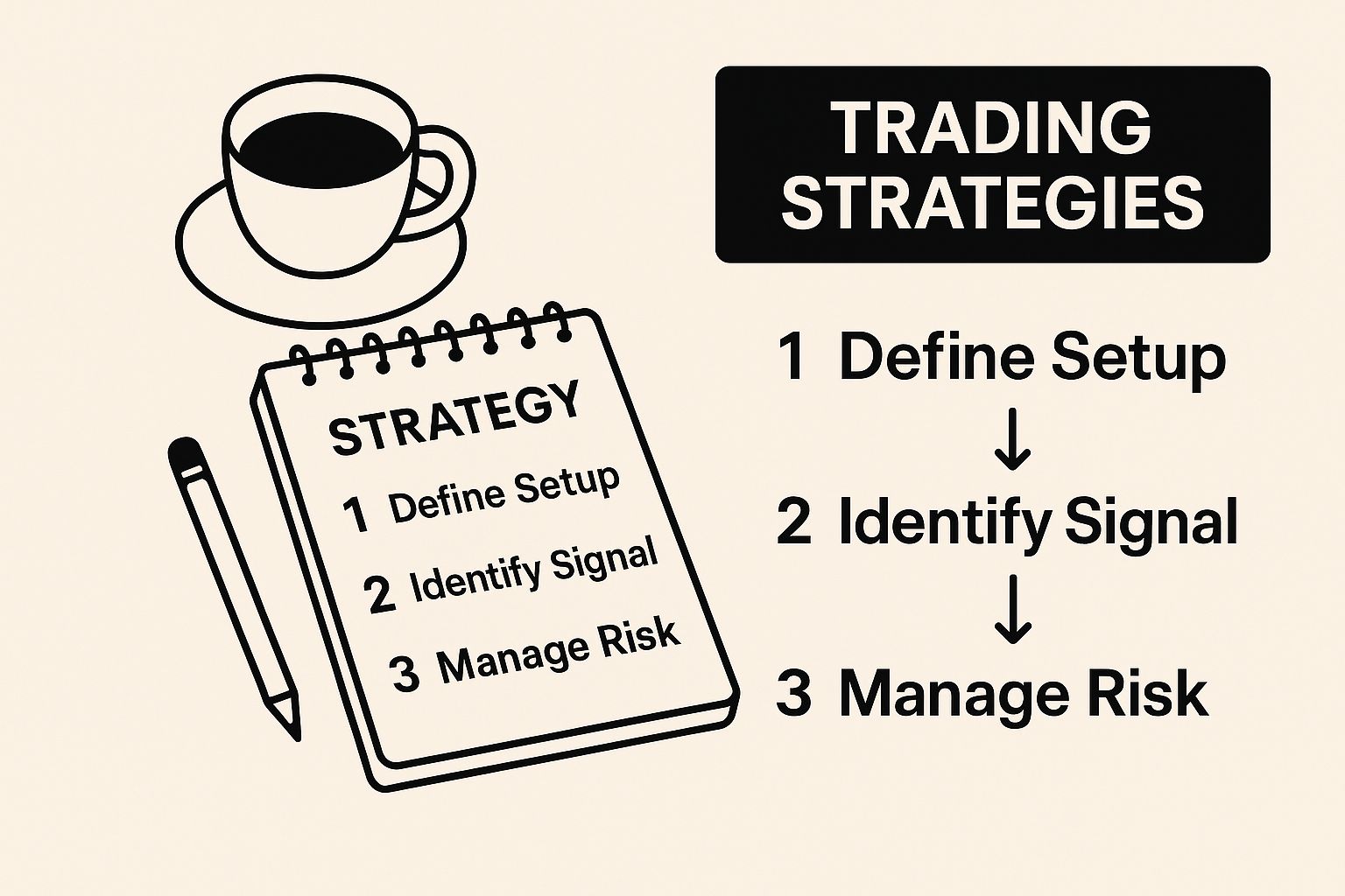 Infographic of a desk with a notepad outlining trading strategies.