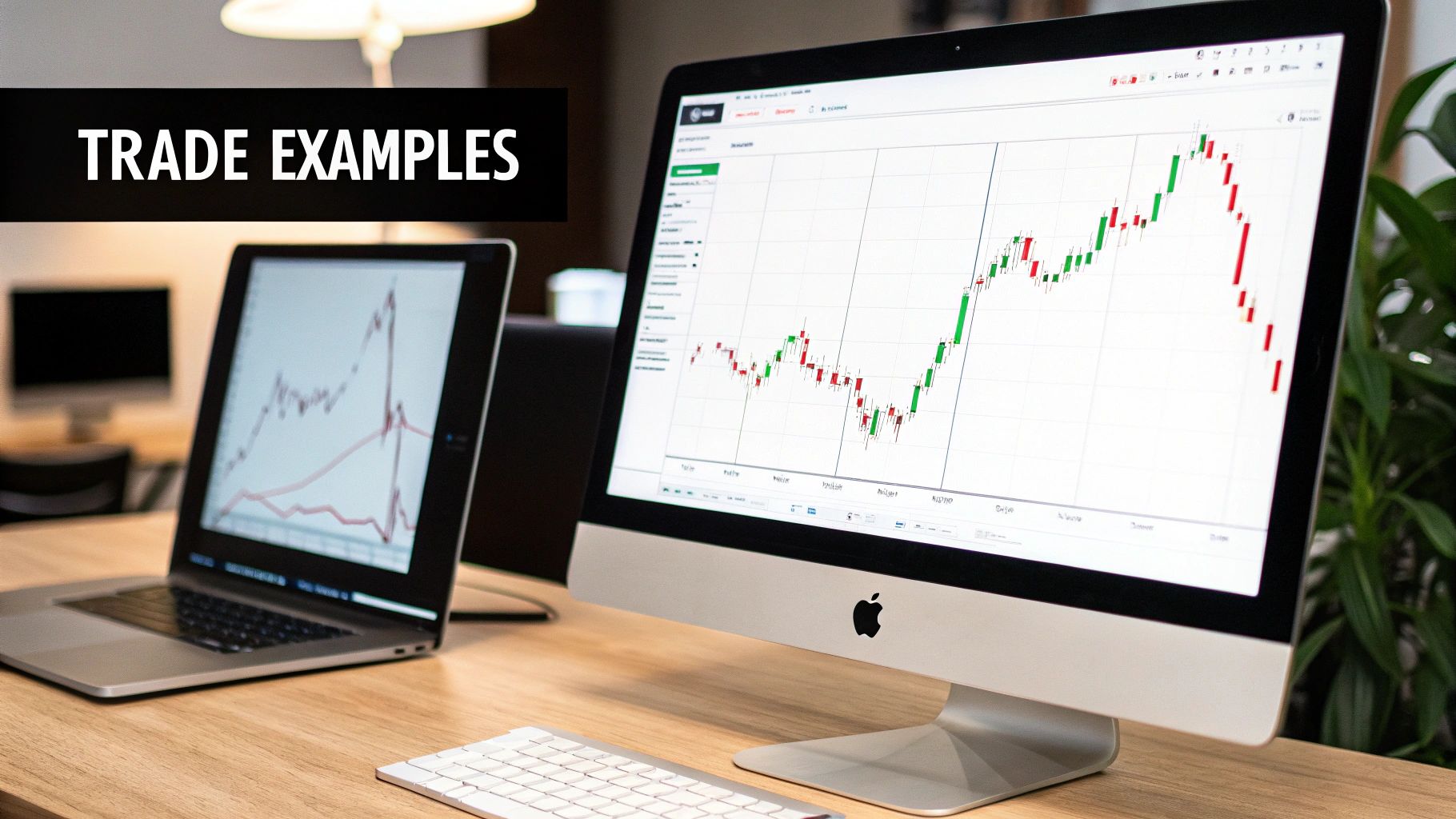 Two computers on a wooden desk display financial charts with green and red candlesticks, showing trade examples.