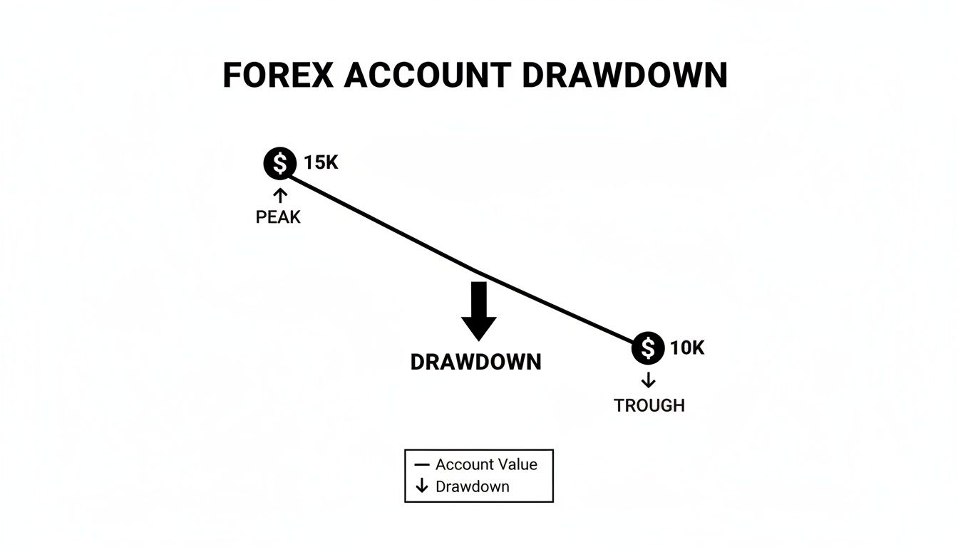 Illustration of a forex account drawdown, showing a decline from a $15K peak to a $10K trough.