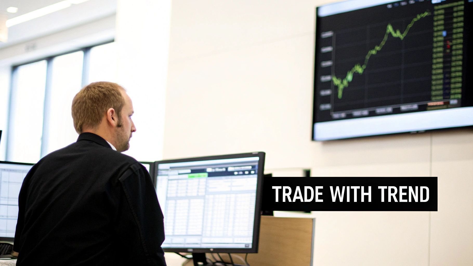 A stock trader monitors market trends on multiple computer screens, including a large display showing an upward graph.