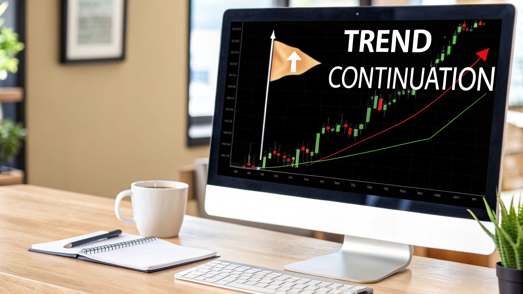Computer screen displays a stock chart showing 'TREND CONTINUATION' with a flag, coffee, notebook, and keyboard.