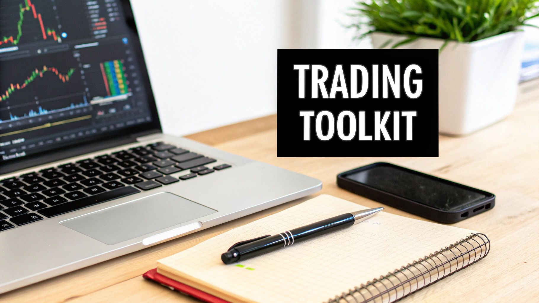 A clean, modern desk setup with multiple monitors displaying trading charts and news feeds, symbolizing a well-equipped discretionary trader's toolkit.