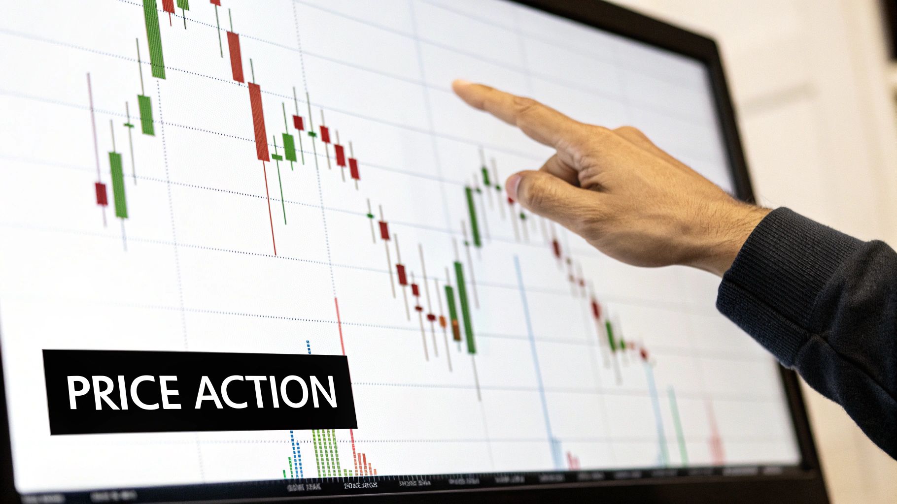 A clean financial chart showing candlestick patterns and price action without any indicators.