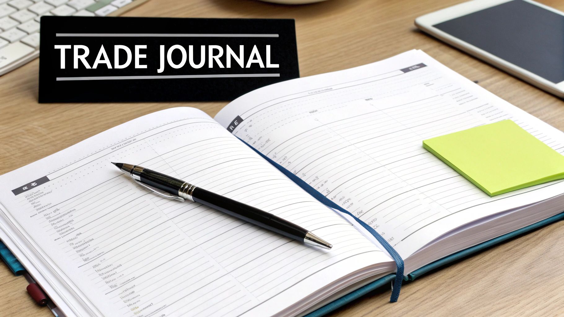 An open planner with a pen, a green sticky note, and a sign saying 'TRADE JOURNAL' on a wooden desk.