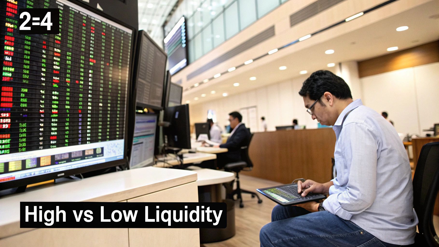 A man in a modern office, likely a trading floor, uses a tablet with multiple financial data screens.