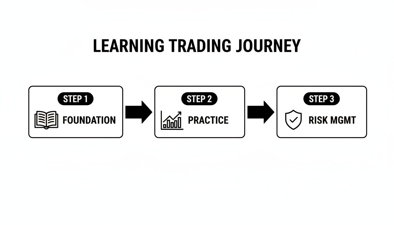 A learning trading journey diagram with three steps: Foundation, Practice, and Risk Management.