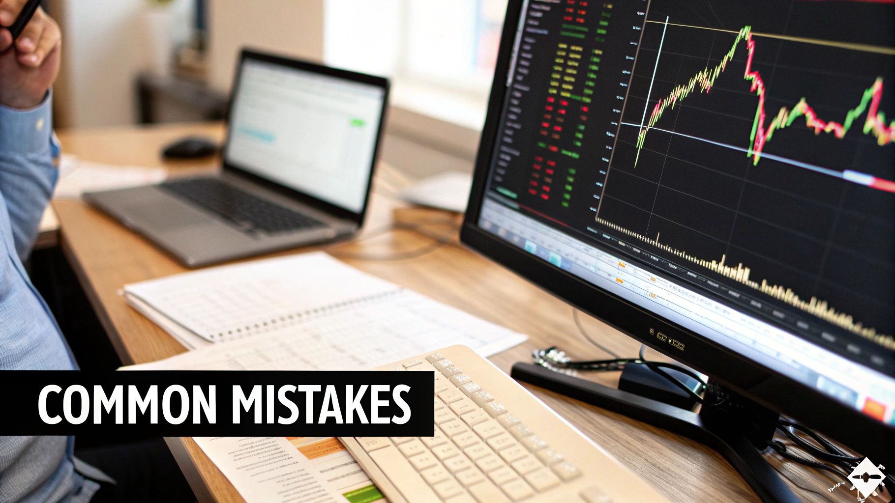 A person analyzing financial market data on multiple screens displaying charts and graphs.